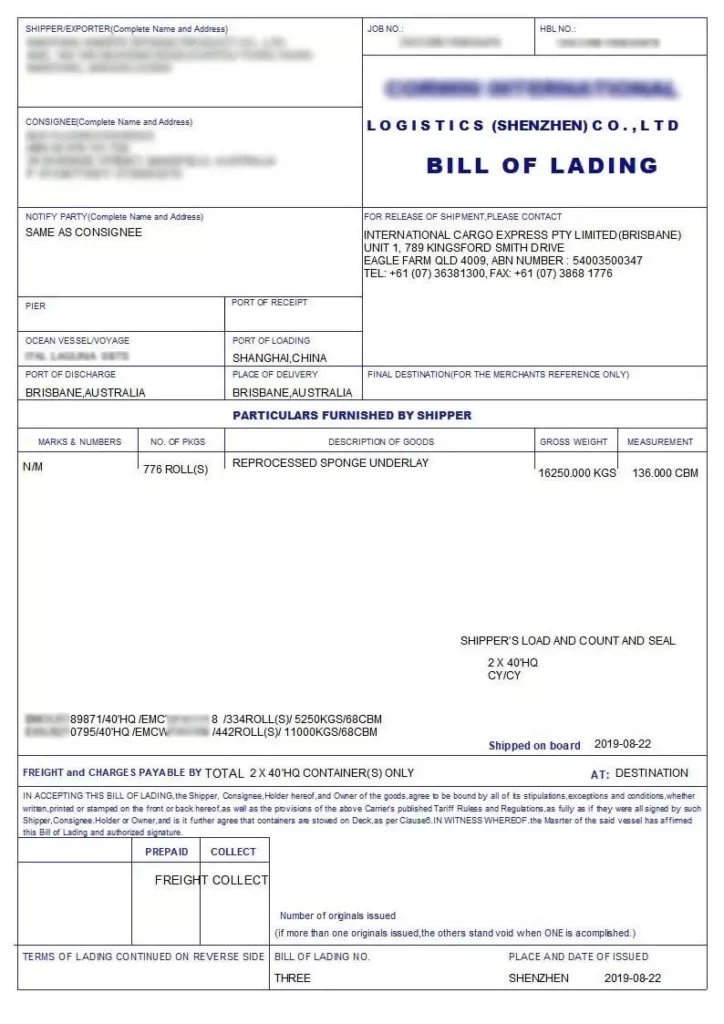 House Bill Of Lading (HBOL)